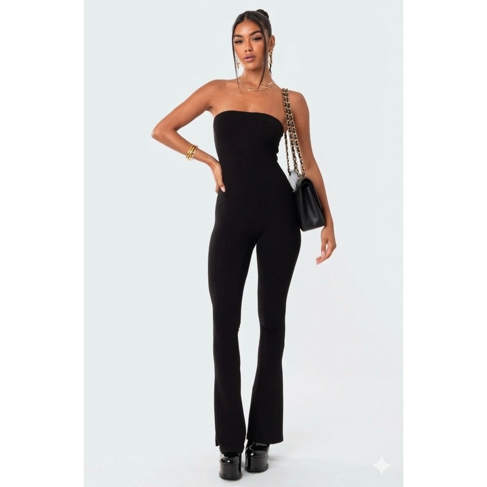 Y2K Retro Clubwear Jumpsuit Romper Flare Kick Out Black Stretch LONG Size L